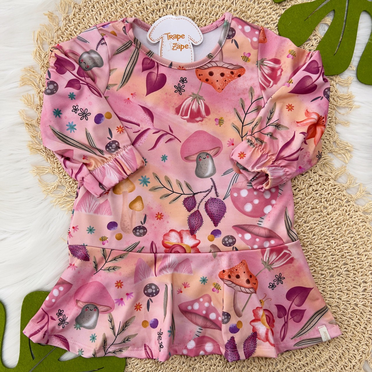  Vestido Manga Longa Cogumelos - Rosa